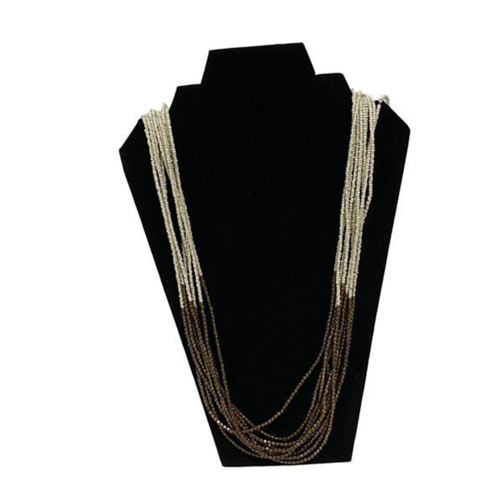 Boho Cream and‎ Gold Tone Seed Bead Multi-Strand Long Necklace